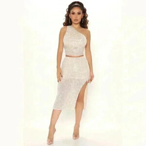 Fashion Nova Emerson sequin midi skirt set nude champagne one shoulder new years